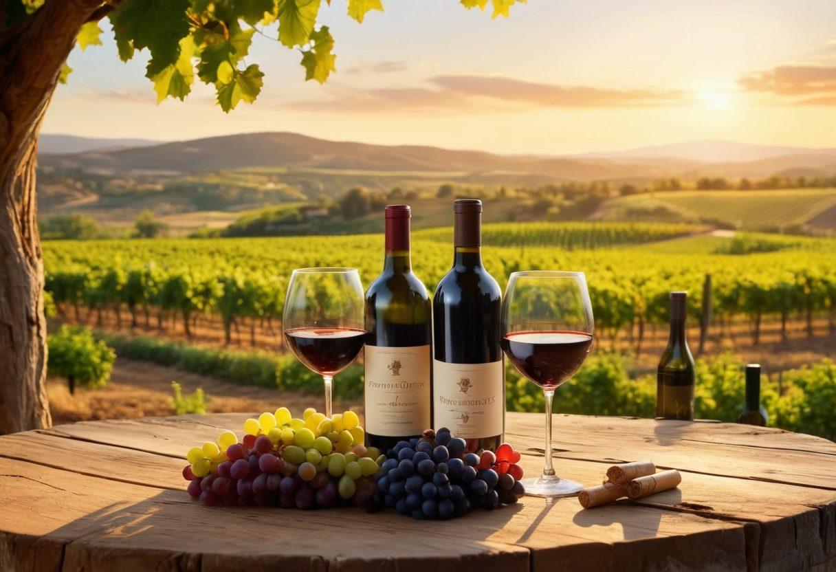 A picturesque vineyard landscape under a golden sunset, showcasing rolling hills lined with grapevines, a rustic winery in the distance, and a couple toasting with glasses of red wine in the foreground. Include elegant wine bottles and corks as decorative elements, surrounded by ripe grapes and lush greenery. Capture the essence of wine culture and delight in the journey of discovery. vibrant colors. super-realistic.