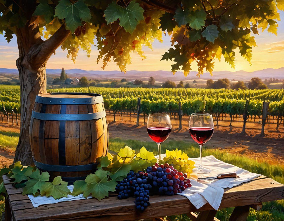A rustic vineyard at sunset, with lush grapevines heavy with ripe grapes. Include a wooden wine barrel and a glass of red wine set on a picnic table, surrounded by scattered grape leaves. Soft golden light illuminating the scene, evoking warmth and tradition. Capture the essence of winemaking heritage, showcasing both natural beauty and craftsmanship. vibrant colors. painting.