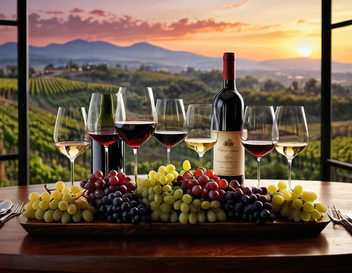 A beautifully arranged table with a variety of wine glasses filled with different types of wine, surrounded by grapes and wine bottles from around the world. In the background, silhouette images of famous vineyards and wine events hint at a vibrant culture. Soft, ambient lighting enhances the luxurious feel, inviting the viewer to indulge in the wine experience. super-realistic. vibrant colors. 3D.
